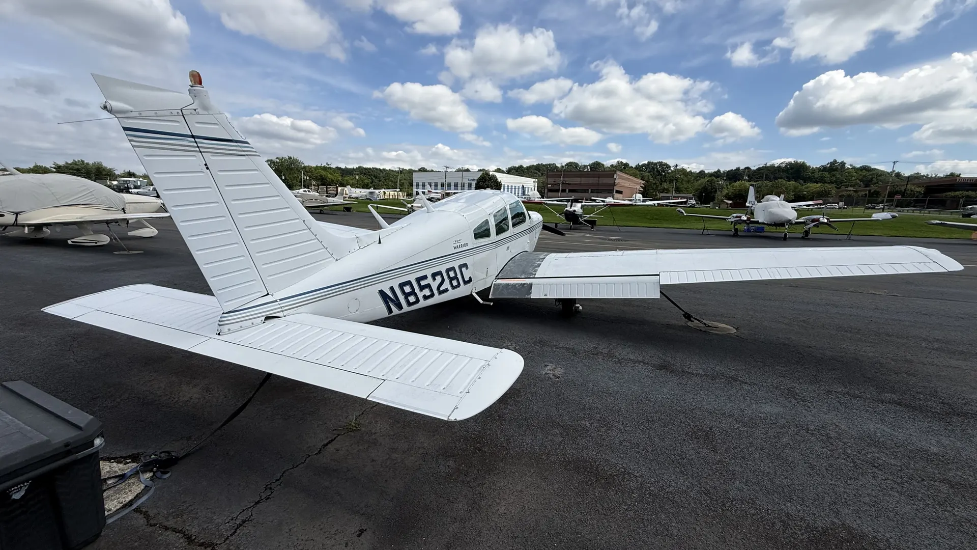The tail of the Warrior, showing the vertical fin and the all-moving stabilator.